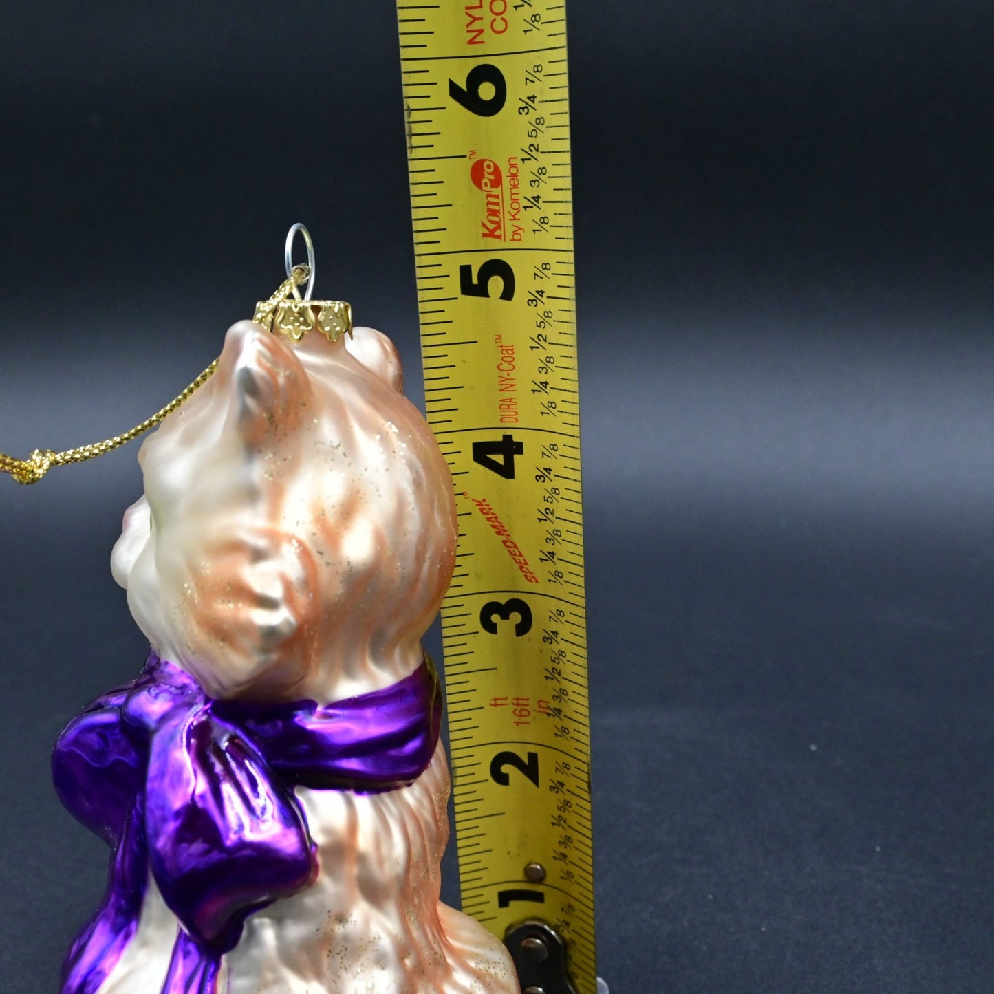 Sitting Cat Glass Christmas Ornament With Purple Bow
