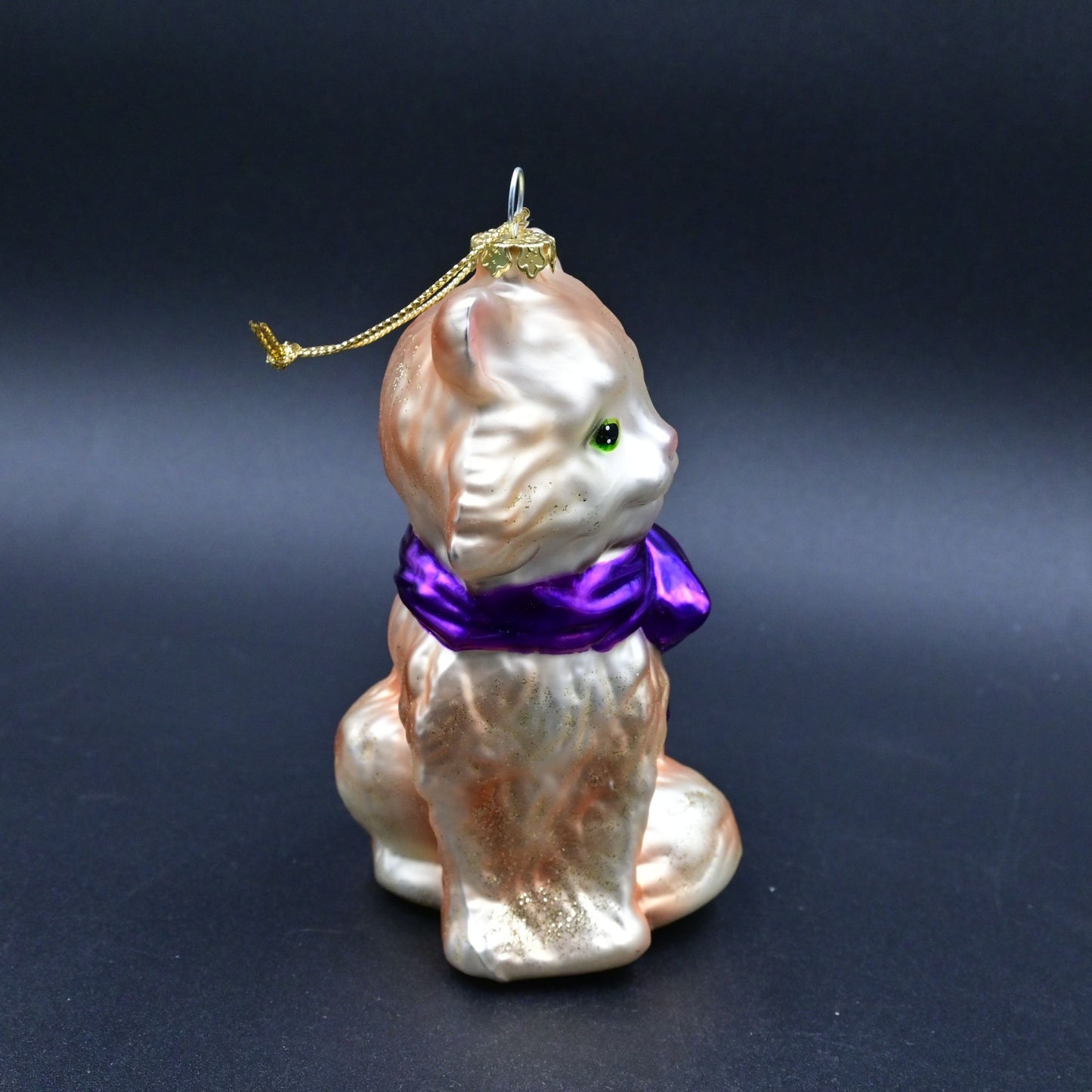 Sitting Cat Glass Christmas Ornament With Purple Bow