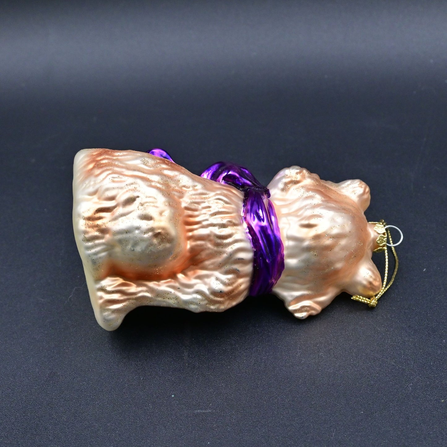 Sitting Cat Glass Christmas Ornament With Purple Bow
