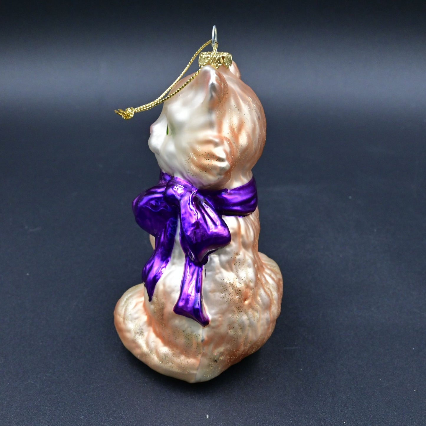 Sitting Cat Glass Christmas Ornament With Purple Bow