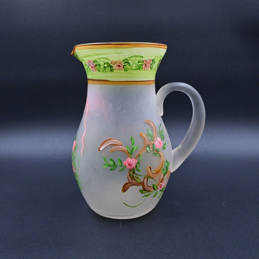 MCM Frosted Glass Floral Pitcher Hand Painted