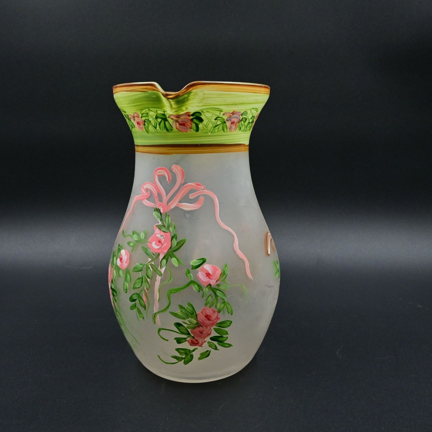 MCM Frosted Glass Floral Pitcher Hand Painted