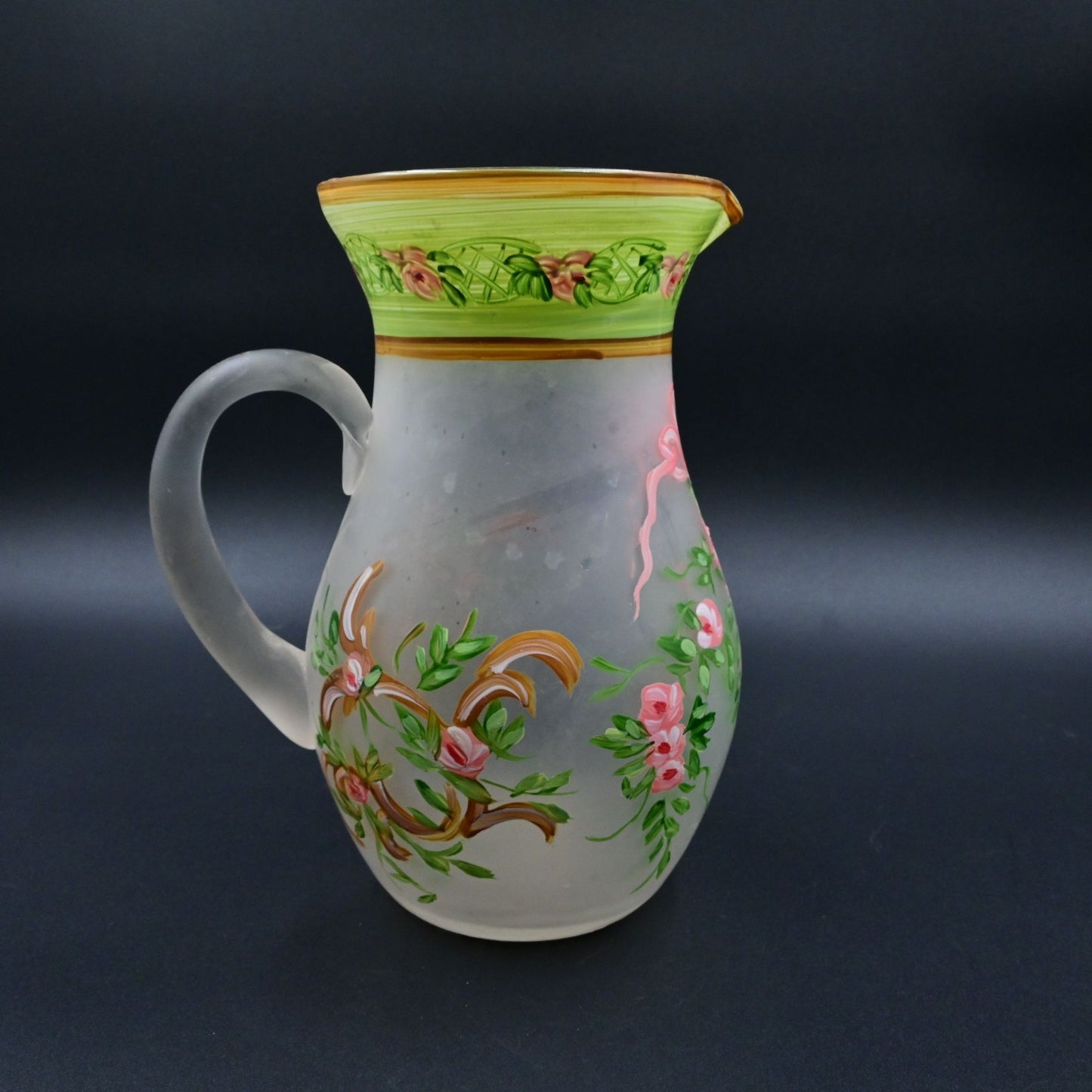 MCM Frosted Glass Floral Pitcher Hand Painted