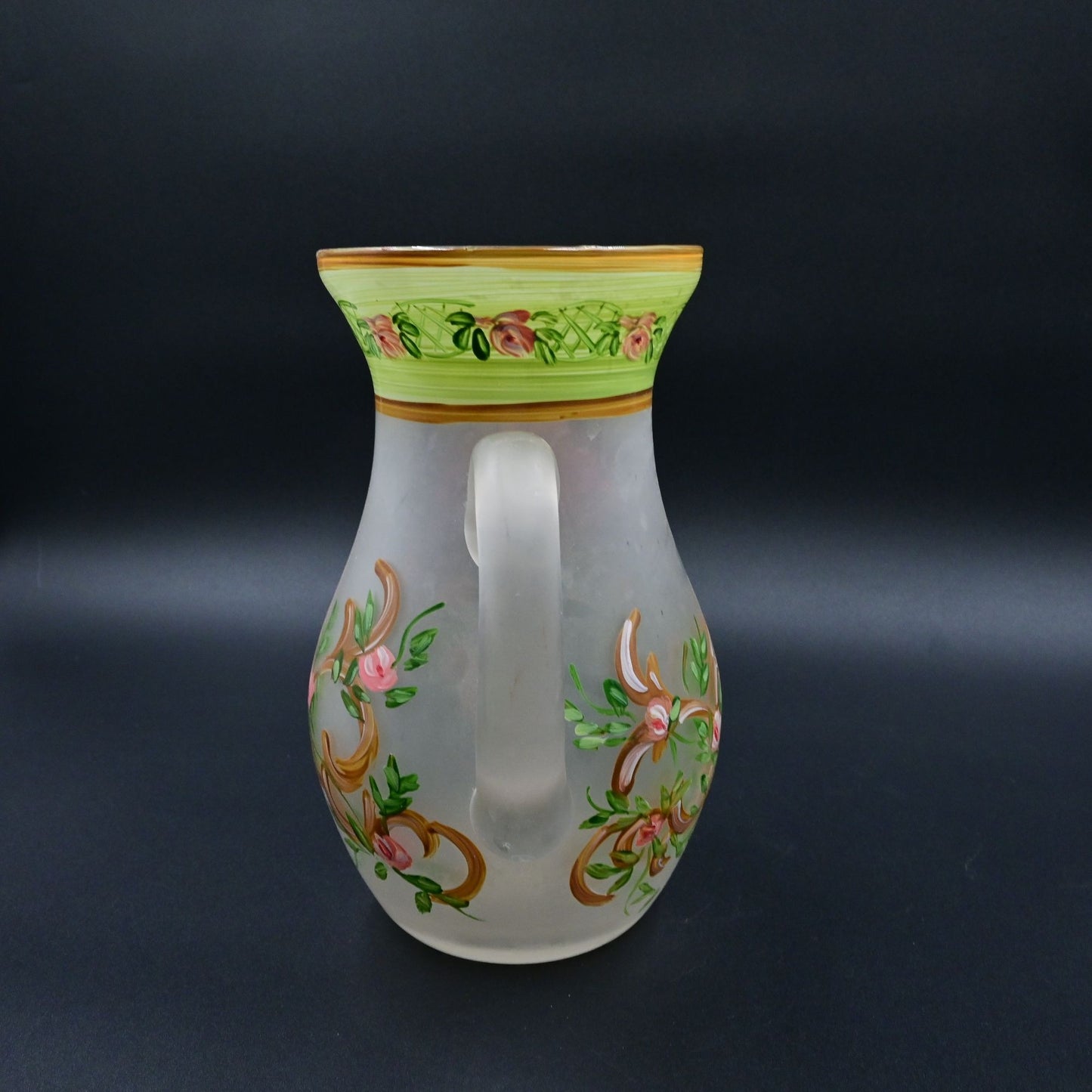 MCM Frosted Glass Floral Pitcher Hand Painted
