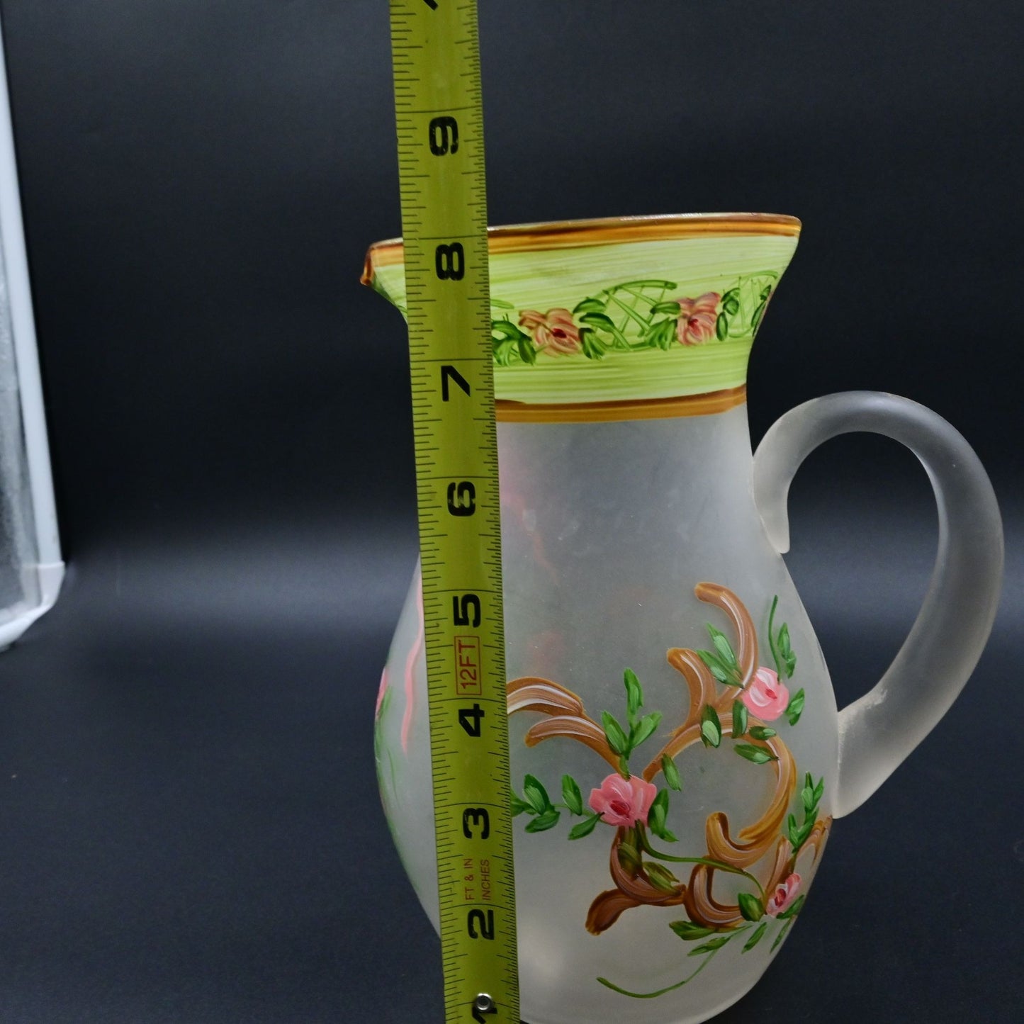 MCM Frosted Glass Floral Pitcher Hand Painted