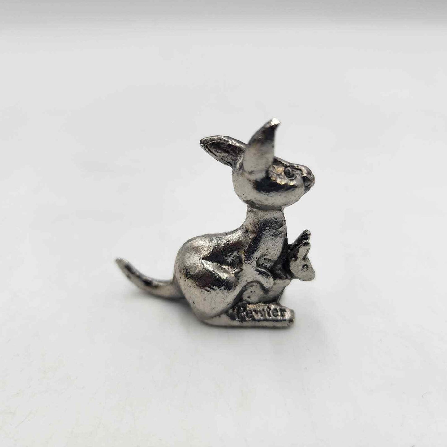 Pewter Kangaroo with Baby Joey Miniature Figurine 1.75" Vintage Marked