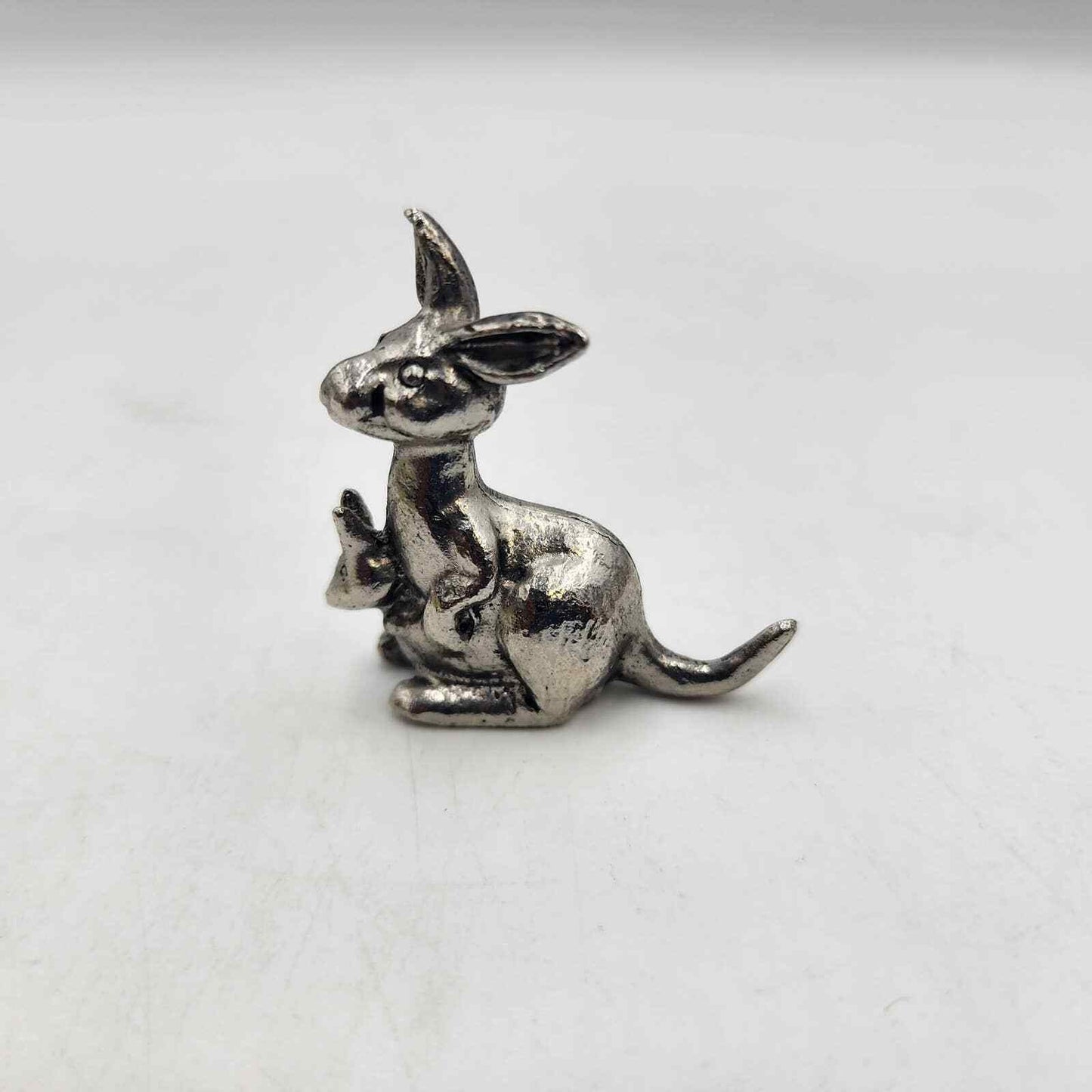 Pewter Kangaroo with Baby Joey Miniature Figurine 1.75" Vintage Marked